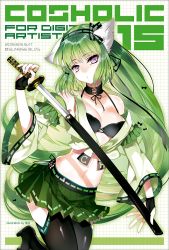 Rule 34 | 1girl, animal ears, artist name, black footwear, black thighhighs, boots, breasts, c.c., cleavage, code geass, cover, creayus, dated, detached sleeves, eyeliner, fake animal ears, fingerless gloves, gloves, green hair, green skirt, highres, holding, holding sword, holding weapon, katana, long hair, magazine cover, makeup, midriff, multiple girls, navel, original, parted lips, pleated skirt, purple eyes, sheath, simple background, skirt, sunrise (company), sword, thigh boots, thighhighs, weapon