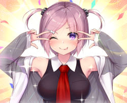 Rule 34 | 1girl, ;p, alternate hairstyle, black scrunchie, blush, breasts, commentary request, double v, emotional engine - full drive, fate/grand order, fate (series), hair ornament, hair scrunchie, hairclip, large breasts, long sleeves, looking at viewer, mash kyrielight, necktie, nullken, one eye closed, parody, pink hair, purple eyes, red necktie, scrunchie, short hair, short twintails, solo, striped clothes, striped scrunchie, tongue, tongue out, twintails, upper body, v