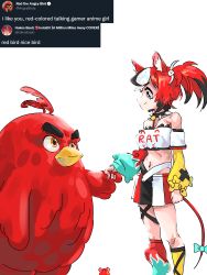 Rule 34 | 1girl, absurdres, angry birds, animal ears, bird, black hair, blue eyes, chat log, collar, gurumie, hair ornament, hakos baelz, highres, hololive, hololive english, mouse ears, mouse girl, mouse tail, mr. squeaks (hakos baelz), multicolored hair, red (angry birds), red hair, spiked collar, spikes, streaked hair, tail, twintails, twitter, virtual youtuber, white hair