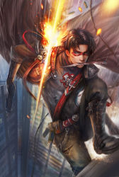 Rule 34 | 1boy, armor, belt, black hair, blue eyes, boots, dc comics, domino mask, fan yang (jiuge), gun, holster, jacket, jason todd, knife, looking at viewer, male focus, mask, mouth hold, red hood (dc), solo, strap, wallet chain, weapon