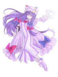 Rule 34 | 1girl, blue bow, blunt bangs, boots, bow, capelet, crescent, dress, estelle8js, full body, hair bow, hat, highres, holding, long hair, long sleeves, looking at viewer, mob cap, patchouli knowledge, purple eyes, purple hair, red bow, simple background, solo, striped, touhou, very long hair, white background