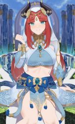 Rule 34 | 1girl, absurdres, blue eyes, blue skirt, blurry, blurry background, blush, breasts, closed mouth, genshin impact, hand up, highres, jewelry, large breasts, long hair, looking at viewer, nilou (genshin impact), nvl, red hair, sitting, skirt, smile, solo, thighs, white headwear