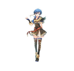 Rule 34 | 1girl, absurdres, alternate costume, armor, belt, blue eyes, blue hair, blue thighhighs, boots, breastplate, commentary request, dress, elbow gloves, feather trim, female focus, fingerless gloves, fingernails, fire emblem, fire emblem: the binding blade, fire emblem heroes, full body, gloves, gold trim, highres, looking at viewer, matching hair/eyes, miwabe sakura, nintendo, official art, shanna (fire emblem), short dress, short hair, short sleeves, shoulder armor, simple background, skirt, smile, solo, thigh boots, thighhighs, white background, zettai ryouiki