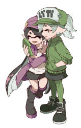 Rule 34 | 2girls, arm grab, baseball cap, black footwear, black hair, black shorts, black skirt, boots, brown eyes, callie (splatoon), cellphone, closed eyes, closed mouth, commentary, cousins, earrings, english commentary, gomipomi, green headwear, green pantyhose, grey hair, hand in pocket, hat, hat ornament, highres, holding, holding phone, inkling, jacket, jewelry, long hair, long sleeves, low twintails, marie (splatoon), miniskirt, mole, mole under eye, multiple girls, nintendo, open clothes, open jacket, open mouth, pantyhose, phone, pointy ears, ponytail, purple headwear, purple jacket, purple socks, selfie, shirt, shoes, short hair, short shorts, shorts, simple background, skirt, smartphone, smile, sneakers, socks, splatoon (series), splatoon 1, squidbeak splatoon, standing, standing on one leg, star (symbol), star hat ornament, swept bangs, t-shirt, tentacle hair, track jacket, twintails, very long hair, waving, white background, white shirt, zipper