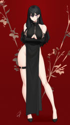 Rule 34 | 1girl, arms under breasts, bare shoulders, black gloves, black hair, breasts, china dress, chinese clothes, classy-black-haired girl (hayabusa), closed mouth, clothing cutout, commentary, contrapposto, crossed arms, dress, earrings, elbow gloves, full body, gloves, hayabusa (vert 320), high heels, highres, jewelry, large breasts, legs, long hair, mole, mole on breast, mole under eye, mole under mouth, original, pelvic curtain, purple eyes, red background, single earring, smile, solo, symbol-only commentary, thigh strap, thighs, underboob cutout, wide hips