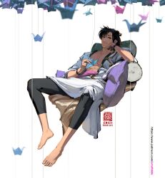 Rule 34 | 1boy, barefoot, black hair, black leggings, blanket, blurry, blurry background, floating, full body, hand up, head rest, highres, holding, kan liu (666k), leggings, looking at viewer, male focus, medium hair, open clothes, open shirt, origami, original, paper crane, patreon username, pillow, pointy ears, seal impression, shirt, signature, sitting, sleeves past elbows, smile, solo, toned, toned male, white background, white shirt