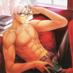 Rule 34 | 10s, 1boy, abs, archer (fate), bespectacled, book, couch, dark skin, dark-skinned male, fate/extra, fate/extra ccc, fate (series), glasses, grey eyes, highres, male focus, manly, muscular, navel, no nipples, open fly, red upholstery, scan, topless male, solo, takeuchi takashi, unbuttoned, unzipped, white hair