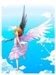 Rule 34 | 1girl, :d, angel, angel wings, asymmetrical wings, barefoot, blonde hair, blue eyes, border, borrowed character, cassie (acerailgun), cloud, cloudy sky, cyborg, dress, feathered wings, feathers, flying, full body, fuyuki yuki, looking at viewer, mechanical arms, mechanical wings, open mouth, original, single mechanical arm, sky, smile, solo, white border, wings