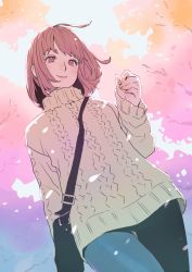 Rule 34 | 1girl, ahoge, bag, brown hair, cable knit, cherry blossoms, dutch angle, from below, hand up, original, pants, peco (pockleberry), pink eyes, short hair, shoulder bag, smile, solo, sweater, tree, turtleneck, turtleneck sweater, walking, white sweater
