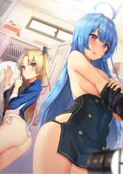 Rule 34 | 2girls, ahoge, ass, azur lane, b-ginga, black dress, blonde hair, blue hair, blue shirt, blurry, blurry foreground, blush, box, breasts, brown eyes, cardboard box, cleveland (azur lane), clothes hanger, commentary request, convenient arm, depth of field, dress, dutch angle, fingernails, grin, hair between eyes, hair ornament, helena (azur lane), highres, holding, indoors, large breasts, locker, locker room, long hair, long sleeves, looking back, multiple girls, one side up, panties, parted lips, red eyes, revision, shirt, side-tie panties, smile, topless, underwear, undressing, very long hair, white panties, white shirt, window