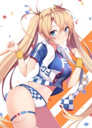 Rule 34 | 1girl, blonde hair, blouse, blue eyes, body writing, bradamante (fate), bradamante (festival outfit) (fate), braid, bridal garter, checkered clothes, checkered panties, closed mouth, clothes writing, commentary request, crown braid, fate/grand order, fate (series), hair ornament, heroic spirit festival outfit, highres, long hair, looking at viewer, maosame, midriff, navel, panties, shirt, smile, solo, standing, striped clothes, striped shirt, thigh strap, towel, towel around neck, twintails, underwear, vertical-striped clothes, vertical-striped shirt