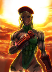 Rule 34 | 1girl, abs, ahoge, backlighting, bare shoulders, beret, blonde hair, blue eyes, braid, breasts, cammy white, clenched hand, contrapposto, facepaint, gluteal fold, hat, head tilt, highleg, highleg leotard, huge ahoge, leotard, lips, long hair, muscular, muscular female, no bra, scar, shopyun, skin tight, small breasts, solo, standing, street fighter, sunset, thigh gap, torn clothes, torn leotard, twin braids