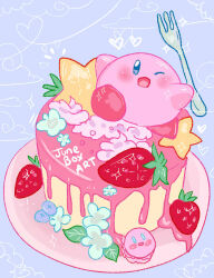 Rule 34 | blue background, blue eyes, blue flower, blueberry, cake, character-themed food, cloud, colored skin, dripping, flower, food, fork, fruit, heart, heart of string, holding, holding fork, icing, june box, kirby, kirby (series), leaf, light blush, macaron, nintendo, no humans, on food, one eye closed, open mouth, oversized food, oversized object, pink skin, plate, simple background, smile, sparkle, star (symbol), strawberry
