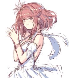 Rule 34 | 1girl, blush, breasts, cat with a brush, center opening, chest jewel, cleavage, dress, earrings, flower, hands up, jewelry, large breasts, looking at viewer, medium breasts, pyra (xenoblade), red eyes, red hair, ring, short hair, smile, thighs, upper body, white dress, xenoblade chronicles (series), xenoblade chronicles 2