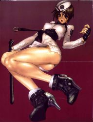 Rule 34 | 1girl, absurdres, ass, beret, blue eyes, boots, brown hair, canopri comic, cyril brooklyn, fingerless gloves, gloves, greaseberries, hat, highres, long legs, looking at viewer, military, military uniform, shiny skin, shirou masamune, short hair, skirt, smile, solo, uniform