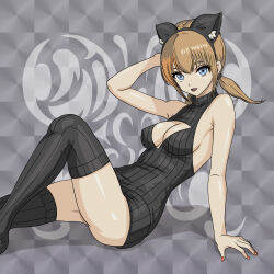 Rule 34 | 1girl, a ten art0720, absurdres, animal ear fluff, animal ear hairband, animal ears, arm on own head, arm support, bare shoulders, black dress, black thighhighs, blue eyes, breasts, brown hair, cat ear hairband, cat ears, cleavage, cleavage cutout, clothing cutout, collared dress, commentary, dress, fake animal ears, grey background, hairband, highres, knee up, looking to the side, nail polish, orange nails, original, sideboob, sitting, sleeveless, sleeveless dress, solo, thighhighs, thighs