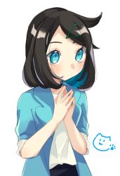 Rule 34 | 1girl, aqua eyes, aqua jacket, black hair, black shorts, blush, closed mouth, colored inner hair, commentary request, cowlick, creatures (company), eyelashes, game freak, hair ornament, hairclip, hands up, highres, jacket, liko (pokemon), medium hair, multicolored hair, nintendo, open clothes, open jacket, own hands together, pokemon, pokemon (anime), pokemon horizons, shirt, shorts, simple background, solo, ukocome, white background, white shirt