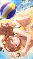 Rule 34 | 2girls, arms up, ball, bare arms, bare shoulders, barefoot, beach, beach volleyball, beachball, bikini, bracelet, breasts, brown hair, cleavage, collarbone, criin (659503), crying, crying with eyes open, day, front-tie bikini top, front-tie top, girl cafe gun, glint, hair ornament, hairband, hairclip, halterneck, highres, irene white (girl cafe gun), jewelry, large breasts, long hair, looking at viewer, lying, motion blur, multiple girls, official art, on side, one side up, open mouth, outdoors, red eyes, rococo (girl cafe gun), shell, solo focus, star (symbol), star hair ornament, starfish, sunlight, swimsuit, tears, thighs, volleyball net, water, wet, yellow bikini