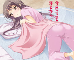 Rule 34 | 1girl, ass, bad id, bad pixiv id, bad proportions, blanket, blush, brown eyes, brown hair, come hither, long hair, looking away, original, pajamas, solo, translated, violetshit