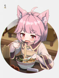 Rule 34 | 1girl, ahoge, animal ear fluff, animal ears, apron, blush, bowl, brown apron, brown eyes, brown shirt, chopsticks, collared shirt, commentary, commission, food, hands up, highres, holding, holding chopsticks, holding spoon, kuro kosyou, long sleeves, noodles, open mouth, original, pink hair, shirt, skeb commission, solo, spoon, upper body, wide sleeves