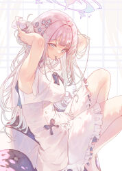 Rule 34 | 1girl, absurdres, adjusting hair, blue archive, breasts, closed mouth, dress, flower, frilled dress, frills, hair bun, hair flower, hair ornament, halo, highres, long hair, looking at viewer, medium breasts, mika (blue archive), pink hair, pink halo, purple flower, single side bun, sleeveless, sleeveless dress, solo, torano, white dress, yellow eyes