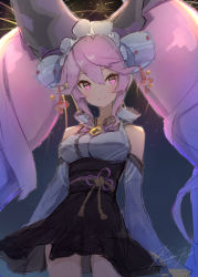 Rule 34 | 1girl, bell, blue hair, bow, breasts, cleo (dragalia lost), closed mouth, commentary, cowboy shot, dated, dragalia lost, fireworks, fish hair ornament, gradient hair, hair bell, hair bow, hair ornament, highres, japanese clothes, kimono, large breasts, light blush, looking at viewer, multicolored hair, night, punished pigeon, purple eyes, purple hair, signature, smile, solo, twintails, watermark, yukata