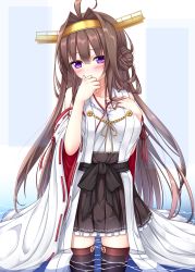 Rule 34 | 10s, 1girl, absurdres, ahoge, bare shoulders, blush, breasts, brown hair, brown thighhighs, covering own mouth, fingernails, hairband, highres, kantai collection, kongou (kancolle), kongou kai ni (kancolle), long hair, looking at viewer, nail polish, nontraditional miko, partially submerged, purple eyes, skirt, solo, thighhighs, very long hair, wading, water, yoye (pastel white)
