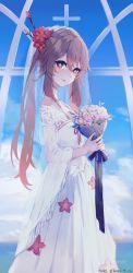 Rule 34 | 1girl, absurdres, alternate costume, artist name, bad id, bad pixiv id, blue sky, bouquet, bridal veil, bride, brown hair, closed mouth, dated, day, dress, feet out of frame, flower, flower-shaped pupils, from side, genshin impact, gradient hair, hair flower, hair ornament, highres, holding, holding bouquet, hu tao (genshin impact), indoors, long sleeves, looking at viewer, looking to the side, multicolored hair, outdoors, pink flower, pink rose, red eyes, red flower, red hair, rose, see-through, sidelocks, sky, smile, solo, standing, swkl:d, symbol-shaped pupils, twintails, veil, wedding dress, white dress, wide sleeves, window