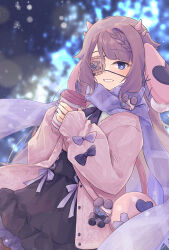 Rule 34 | 1girl, animal ears, bag, blue eyes, blurry, blurry background, blush, bokeh, braid, brown hair, cardigan, cup, depth of field, disposable cup, eyepatch, fake animal ears, frilled eyepatch, grin, highres, holding, holding cup, horns, kotake 8, long sleeves, looking at viewer, medical eyepatch, multiple horns, neck ribbon, original, outdoors, ribbon, scarf, shoulder bag, skirt, sleeve bow, sleeves past wrists, smile, snowflakes, snowing, solo, stuffed animal, stuffed rabbit, stuffed toy, symbol-shaped pupils, x-shaped pupils