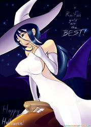 Rule 34 | 1girl, backless outfit, bad id, bad pixiv id, bare shoulders, black hair, breasts, broom, broom riding, deliciousorange, detached sleeves, dress, finger in own mouth, halloween, hat, impossible clothes, impossible dress, large breasts, long hair, mahou shoujo (raita), night, night sky, phallic symbol, sexually suggestive, sideboob, sky, solo, star (sky), starry sky, suzuhara misa, suzuhara misae, white dress, wings, witch hat, zettai junpaku mahou shoujo