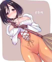 Rule 34 | 00s, 1girl, bad id, bad twitter id, black hair, blush, bodysuit, breasts, broom, brown eyes, brown gloves, cameltoe, choker, cleavage, cleft of venus, cowboy shot, dutch angle, female focus, final fantasy, final fantasy ix, garnet til alexandros xvii, gloves, gluteal fold, hair between eyes, highres, jewelry, large breasts, latex, latex suit, looking at viewer, necklace, necktie, no panties, sakurada mei, shiny clothes, short hair, simple background, skin tight, solo