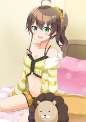 Rule 34 | 1girl, :d, ahoge, bad id, bad pixiv id, bare legs, bare shoulders, bed, black frills, blush, breasts, brown hair, camisole, center frills, collarbone, commentary request, ebi frion (natsuiro matsuri), frill trim, frilled camisole, frills, full body, green eyes, highres, hololive, jacket, looking at viewer, midriff, natsuiro matsuri, natsuiro matsuri (matsuri&#039;s day off), navel, on bed, open mouth, pajamas, raised eyebrows, scrunchie, seiza, short hair, shorts, side ponytail, sitting, small breasts, smile, solo, spaghetti strap, stomach, striped clothes, striped jacket, stuffed toy, teeth, virtual youtuber, yamae saki, yellow camisole, yellow jacket, yellow shorts