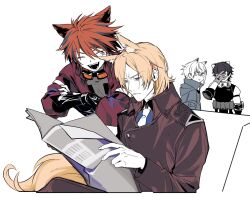 Rule 34 | 4boys, animal ears, annoyed, aosta (arknights), arknights, black jacket, black shirt, blonde hair, blue shirt, broca (arknights), brown suit, chiave (arknights), closed eyes, couch, cropped torso, crossed arms, facepalm, formal, gauntlets, glaring, gloves, goggles, goggles around neck, grey gloves, grey jacket, grey shirt, holding, holding newspaper, horse boy, horse ears, horse tail, ieiieiiei, jacket, knee up, mlynar (arknights), multiple boys, necktie, newspaper, parted bangs, pouch, red hair, red jacket, scar, scar on face, shirt, simple background, sitting, sleeveless, sleeveless shirt, suit, swept bangs, tail, upper body, white background, white hair, white necktie, wolf boy, wolf ears, yellow eyes