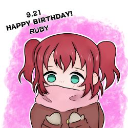 Rule 34 | 1girl, absurdres, aqua eyes, artist name, artist request, blush, breasts, brown jacket, chibi, female focus, green eyes, grey mittens, hair between eyes, highres, jacket, kurosawa ruby, long sleeves, looking at viewer, love live!, love live! sunshine!!, mittens, parted lips, pink background, pink scarf, red hair, scarf, short hair, small breasts, smile, solo, twintails, two side up, white background