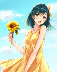 Rule 34 | 1girl, :d, blue hair, blue sky, blush, bow, collarbone, day, dress, floating hair, flower, green eyes, hair bow, highres, holding, holding flower, idolmaster, idolmaster million live!, idolmaster million live! theater days, long hair, looking at viewer, nanao yuriko, open mouth, outdoors, sky, sleeveless, sleeveless dress, smile, solo, standing, sundress, sunflower, yellow bow, yellow dress, yellow flower, yuzuyu (hyui)