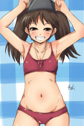 Rule 34 | 10s, 1girl, 4shi, bikini, breasts, brown eyes, brown hair, flat chest, grin, headgear, highres, jewelry, kantai collection, long hair, magatama, navel, necklace, plaid, plaid background, red bikini, ryuujou (kancolle), small breasts, smile, solo, stomach, swimsuit, twintails