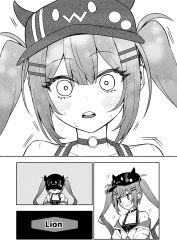 Rule 34 | 1girl, barbell piercing, baseball cap, bibi (tokoyami towa), blush, breasts, choker, cleavage, close-up, commentary, cropped jacket, ear piercing, embarrassed, english text, eyelashes, fake horns, fidgeting, greyscale, hair between eyes, hair ornament, hairclip, halterneck, hat, highres, hololive, horned headwear, horns, industrial piercing, kuukiyomi: consider it, long hair, looking at viewer, looking away, looking down, matsubara tsuyoshi, monochrome, o-ring, o-ring choker, off shoulder, open mouth, partially unzipped, piercing, pointy ears, simple background, small breasts, solo, sweat, tokoyami towa, twintails, virtual youtuber, wavy mouth, white background, wide-eyed