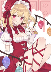 Rule 34 | 1girl, :q, absurdres, ahase hino, alternate costume, alternate headwear, blonde hair, bow, bowtie, breasts, chocolate, cleavage, cleavage cutout, clothing cutout, clothing request, commentary, dress bow, flandre scarlet, flower, fork, heart, highres, holding, holding fork, leg ribbon, long hair, looking at viewer, puffy short sleeves, puffy sleeves, red bow, red bowtie, red eyes, red flower, red ribbon, red rose, ribbon, rose, short sleeves, smile, solo, tongue, tongue out, touhou, valentine, white bow, wings