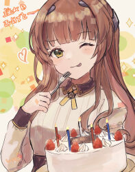 Rule 34 | 1girl, ;p, birthday cake, blunt bangs, brown hair, brown sweater, cake, candle, commentary request, food, fork, green eyes, headgear, helena (kancolle), holding, holding cake, holding food, holding fork, kantai collection, long hair, long sleeves, looking at viewer, neck ribbon, one eye closed, ribbon, simple background, solo, star pin, sweater, tongue, tongue out, upper body, wss (nicoseiga19993411), yellow ribbon