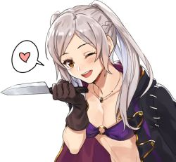 Rule 34 | 1girl, bikini, blush, breasts, brown eyes, cape, cleavage, fire emblem, fire emblem awakening, fire emblem heroes, gloves, heart, hood, kamu (kamuuei), knife, long hair, looking at viewer, medium breasts, navel, nintendo, o-ring, o-ring bikini, open mouth, robe, robin (female) (fire emblem), robin (fire emblem), silver hair, simple background, smile, solo, spoken heart, swimsuit, twintails, upper body, white background