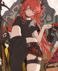 Rule 34 | 1girl, absurdres, arknights, belt, black belt, black choker, black gloves, black legwear, black shirt, chinese commentary, choker, collarbone, commentary request, crop top, cross, cross necklace, crown, gloves, hand up, highres, holding, holding shoes, horns, jewelry, long hair, looking at viewer, midriff, mini crown, miniskirt, necklace, no navel, official alternate costume, one side up, parted lips, pencil skirt, purple eyes, red hair, red skirt, shirt, shoes, unworn shoes, short sleeves, single glove, skirt, solo, standing, surtr (arknights), surtr (liberte echec) (arknights), sword, thigh strap, v-shaped eyebrows, very long hair, weapon, xssh