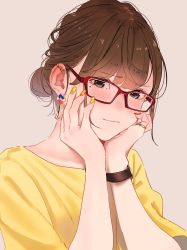 Rule 34 | 1girl, blush, brown eyes, brown hair, closed mouth, glasses, hands on own face, head tilt, highres, long hair, long sleeves, looking at viewer, mole, mole under eye, nail polish, original, ponytail, red-framed eyewear, saitou (lynx-shrike), shirt, simple background, solo, watch, yellow shirt