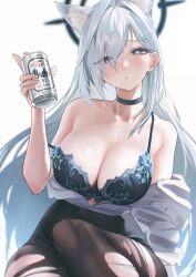 Rule 34 | 1girl, alcohol, animal ear fluff, animal ears, bare shoulders, beer, beer can, blue archive, blush, bra, breasts, can, cleavage, drink can, earrings, jewelry, kazane-wind, large breasts, legs together, looking at viewer, shiroko (blue archive), shiroko terror (blue archive), solo, stud earrings, torn clothes, underwear, white hair, wolf ears