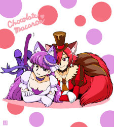 Rule 34 | 10s, 2girls, animal ears, azuki osamitsu, blunt bangs, breasts, cat ears, cat tail, choker, cleavage, commentary request, cure chocolat, cure macaron, dress, earrings, elbow gloves, feet up, gloves, hair over one eye, hat, jewelry, juliet sleeves, kirakira precure a la mode, long hair, long sleeves, lying, multiple girls, on stomach, pantyhose, precure, puffy short sleeves, puffy sleeves, purple eyes, purple hair, purple legwear, red dress, red eyes, red hair, short sleeves, smile, tail, top hat, translation request