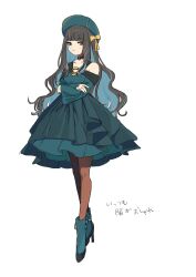 Rule 34 | 1girl, alternate costume, aqua dress, aqua footwear, aqua hat, beret, black hair, blue hair, bow, choker, closed mouth, colored inner hair, crossed arms, dress, fate/grand order, fate (series), full body, grey eyes, hair bow, hat, high heels, highres, kaigan0211, long hair, looking at viewer, multicolored hair, o-ring, o-ring choker, pantyhose, simple background, smile, solo, tenochtitlan (fate), two-tone hair, white background, yellow bow
