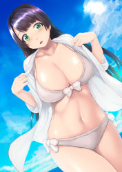 Rule 34 | 1girl, :o, bikini, black hair, blue sky, blunt bangs, blush, breasts, cleavage, cloud, collarbone, commentary request, cowboy shot, d4dj, day, dutch angle, green eyes, groin, hands up, highres, jacket, large breasts, long hair, looking at viewer, navel, ocean, open clothes, open jacket, outdoors, sidelocks, sky, solo, standing, stomach, swimsuit, togetsu rei, white bikini, white jacket, yuuki1103
