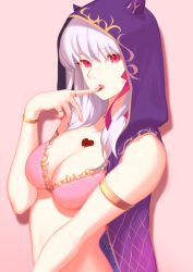 Rule 34 | 1girl, armlet, bare shoulders, bikini, bracelet, breasts, candy, chocolate, chocolate heart, chocolate heaven (fate/grand order), cleavage, cloak, collarbone, fate/grand order, fate (series), finger in own mouth, food, food on body, food on breasts, hair ribbon, heart, heart on chest, highres, hood, hood up, hooded cloak, horned hood, horns, jewelry, kama (chocolate heaven) (fate), kama (fate), large breasts, long hair, looking at viewer, necklace, parted lips, pink background, pink bikini, pink ribbon, pisu, red eyes, ribbon, ring, silver hair, simple background, solo, swimsuit