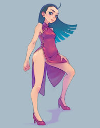 Rule 34 | 1girl, ahoge, bare shoulders, china dress, chinese clothes, dress, full body, high heels, panties, pantyshot, shoes, side slit, simple background, solo, standing, underwear, weno