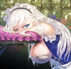 Rule 34 | 1girl, apron, azur lane, belfast (azur lane), blue eyes, braid, breasts, cleavage, commentary request, french braid, frilled apron, frills, hanging breasts, large breasts, long hair, looking at viewer, maid, maid headdress, pillow, pyz (cath x tech), silver hair, solo