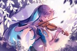 Rule 34 | 1girl, absurdres, ahoge, bare shoulders, blue flower, blue hair, blue rose, blurry, blurry background, closed eyes, closed mouth, commentary, depth of field, flower, hair flower, hair intakes, hair ornament, highres, holding, holding instrument, holding violin, honkai (series), honkai impact 3rd, instrument, long hair, mofumanju, multicolored hair, music, nail polish, pink nails, playing instrument, ponytail, purple hair, raiden mei, rose, smile, solo, symbol-only commentary, two-tone hair, upper body, very long hair, violin